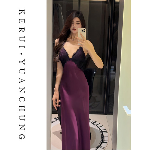 性感睡衣女高級感蕾絲顯瘦吊帶裙秋冬情調冰絲睡裙套裝帶墊可外穿