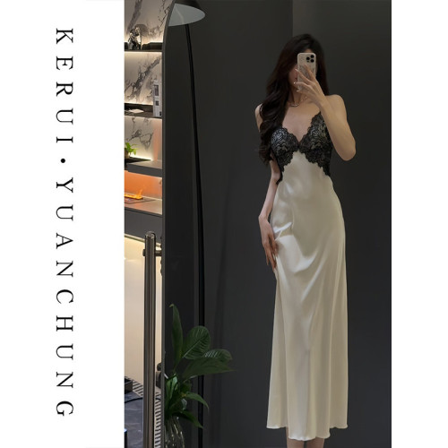 性感睡衣女高級感蕾絲顯瘦吊帶裙秋冬情調冰絲睡裙套裝帶墊可外穿