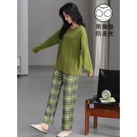 帶胸墊一體睡衣女春秋款長袖純棉甜美卡通套裝冬季休閒寬鬆家居服