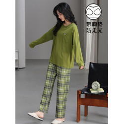 帶胸墊一體睡衣女春秋款長袖純棉甜美卡通套裝冬季休閒寬鬆家居服