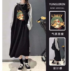 睡裙女秋長袖 睡衣卡通插色加大寬鬆學生長款純棉 胖mm家居服衛衣