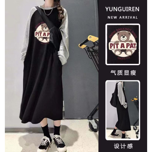 睡裙女秋長袖 睡衣卡通插色加大寬鬆學生長款純棉 胖mm家居服衛衣