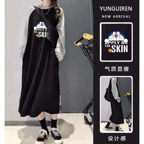 睡裙女秋長袖 睡衣卡通插色加大寬鬆學生長款純棉 胖mm家居服衛衣