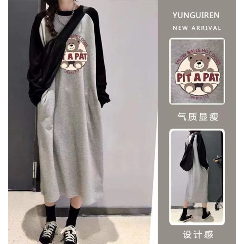 睡裙女秋長袖 睡衣卡通插色加大寬鬆學生長款純棉 胖mm家居服衛衣