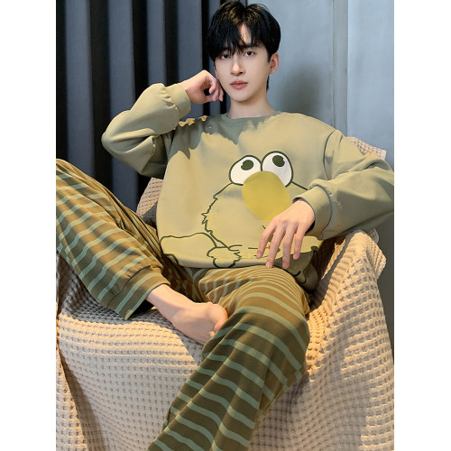 秋冬季男士純棉長袖睡衣青少年加肥加大碼卡通學生中大童兩件套裝