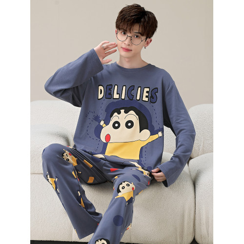 秋冬季男士純棉長袖睡衣青少年加肥加大碼卡通學生中大童兩件套裝