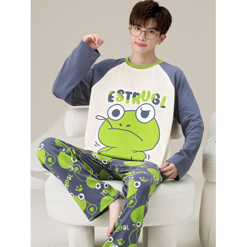 秋冬季男士純棉長袖睡衣青少年加肥加大碼卡通學生中大童兩件套裝