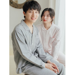 出口日本女士全棉春秋冬季純棉磨毛絨布情侶長袖睡衣格子家居服男