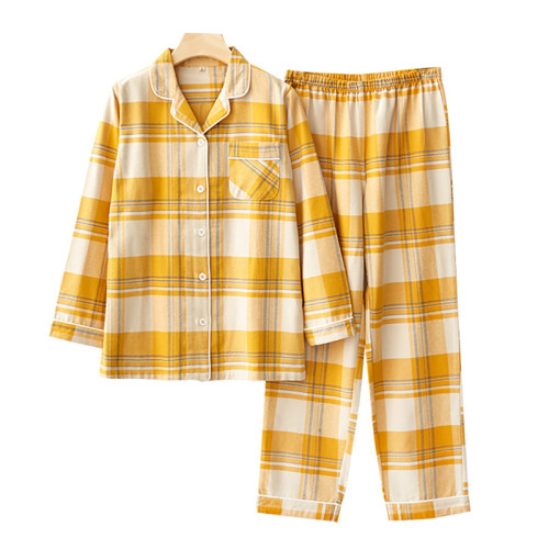 MUEJ高級感睡衣女士秋冬純棉絨布磨毛長袖格子情侶男士家居服套裝