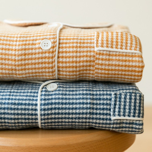 MUEJ高級感睡衣女士秋冬純棉絨布磨毛長袖格子情侶男士家居服套裝