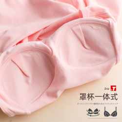帶胸墊睡衣上裝長袖T恤女上衣純色棉質文胸罩杯一體莫代爾打底衫