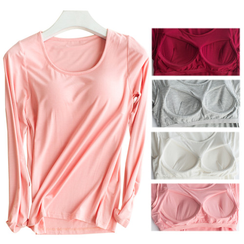 帶胸墊睡衣上裝長袖T恤女上衣純色棉質文胸罩杯一體莫代爾打底衫