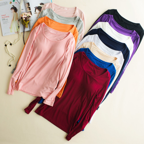 帶胸墊睡衣上裝長袖T恤女上衣純色棉質文胸罩杯一體莫代爾打底衫