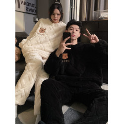 情侶睡衣女冬季珊瑚絨加厚加絨條紋網紅風法蘭絨男士保暖家居服厚