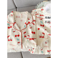 可愛小貓帶胸墊睡衣女款2025新款春秋夏季純棉紗布少女長袖家居服