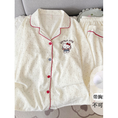 可愛小貓帶胸墊睡衣女款2025新款春秋夏季純棉紗布少女長袖家居服 可愛小貓帶胸墊睡衣女款2025新款春秋夏季純棉紗布少女長袖家居服