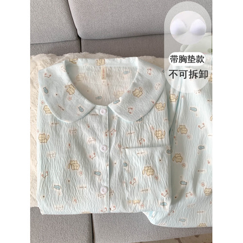 可愛小貓帶胸墊睡衣女款2025新款春秋夏季純棉紗布少女長袖家居服 可愛小貓帶胸墊睡衣女款2025新款春秋夏季純棉紗布少女長袖家居服