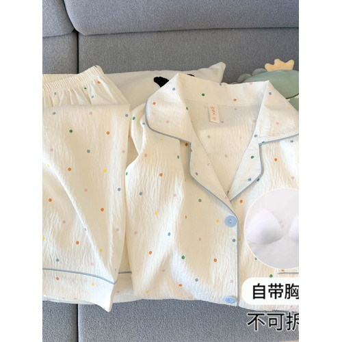 可愛小貓帶胸墊睡衣女款2025新款春秋夏季純棉紗布少女長袖家居服 可愛小貓帶胸墊睡衣女款2025新款春秋夏季純棉紗布少女長袖家居服