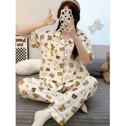 可愛輕松熊睡衣女春夏季純棉短袖短褲學生寬鬆大碼夏季家居服套裝