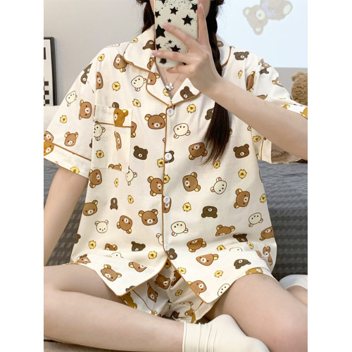 可愛輕松熊睡衣女春夏季純棉短袖短褲學生寬鬆大碼夏季家居服套裝