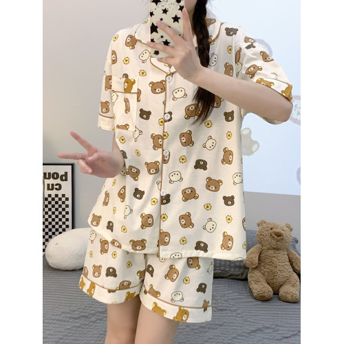 可愛輕松熊睡衣女春夏季純棉短袖短褲學生寬鬆大碼夏季家居服套裝