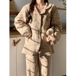 睡衣女春秋季夾層空氣棉寬鬆長袖加厚款家居服2025年新款冬天碎花