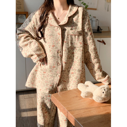 睡衣女春秋季夾層空氣棉寬鬆長袖加厚款家居服2025年新款冬天碎花 睡衣女春秋季夾層空氣棉寬鬆長袖加厚款家居服2025年新款冬天碎花