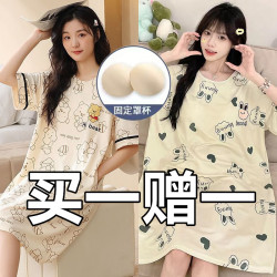 帶胸墊睡裙女短袖純棉夏季薄款睡衣休閒大碼顯瘦中長款孕婦可外穿