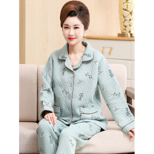 秋冬季夾層睡衣女士純棉加厚薄夾棉胖mm加大碼空氣棉家居服中年女