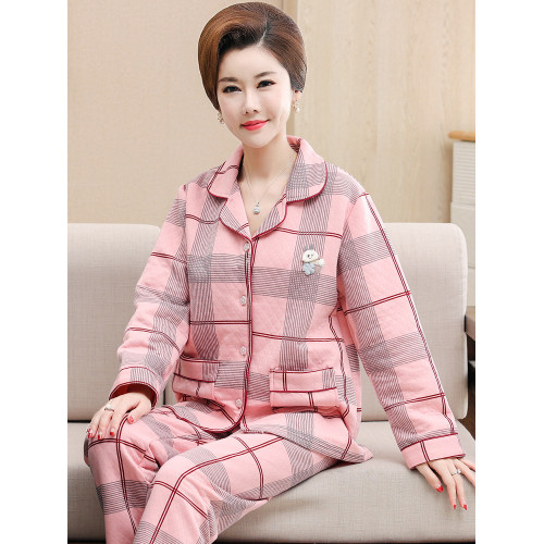 秋冬季夾層睡衣女士純棉加厚薄夾棉胖mm加大碼空氣棉家居服中年女