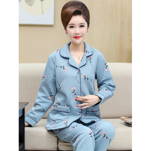 秋冬季夾層睡衣女士純棉加厚薄夾棉胖mm加大碼空氣棉家居服中年女