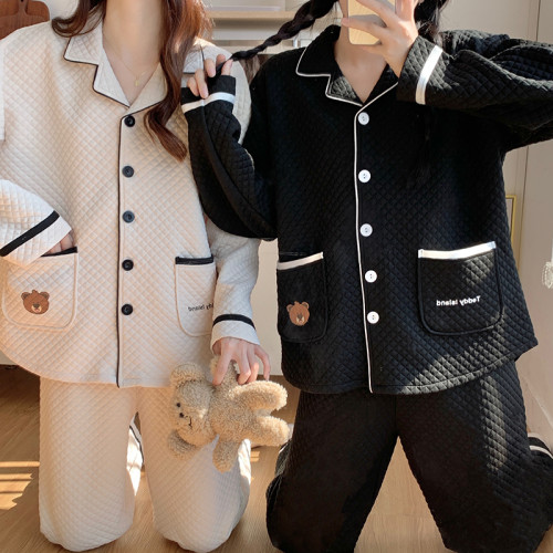 冬季空氣棉情侶睡衣女款秋冬2025年新款純棉薄夾棉男士加厚家居服