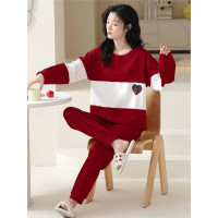 高檔純棉睡衣女春秋長袖帶胸墊休閒寬鬆可外穿全棉家居服套裝秋冬