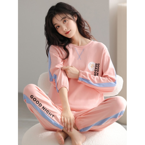 高檔純棉睡衣女春秋長袖帶胸墊休閒寬鬆可外穿全棉家居服套裝秋冬