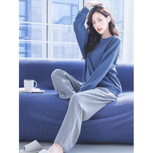 高檔純棉睡衣女春秋長袖帶胸墊休閒寬鬆可外穿全棉家居服套裝秋冬