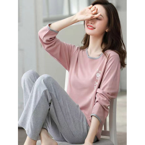 高檔純棉睡衣女春秋長袖帶胸墊休閒寬鬆可外穿全棉家居服套裝秋冬