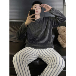 格子男士秋冬季珊瑚絨加絨保暖法蘭絨高級感可外穿純色家居服套裝