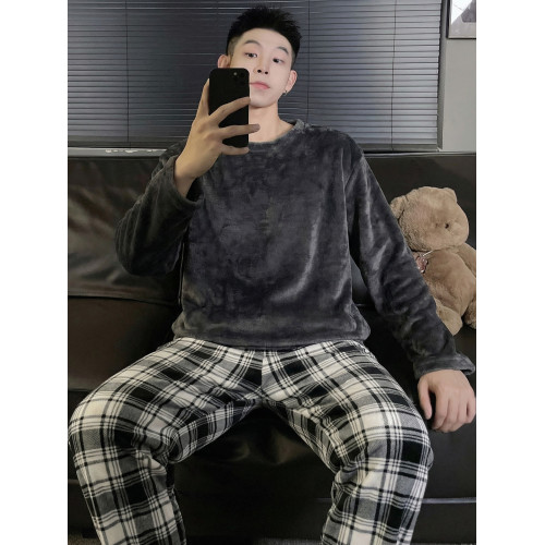 格子男士秋冬季珊瑚絨加絨保暖法蘭絨高級感可外穿純色家居服套裝 格子男士秋冬季珊瑚絨加絨保暖法蘭絨高級感可外穿純色家居服套裝