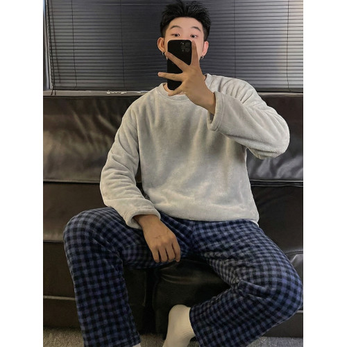 格子男士秋冬季珊瑚絨加絨保暖法蘭絨高級感可外穿純色家居服套裝 格子男士秋冬季珊瑚絨加絨保暖法蘭絨高級感可外穿純色家居服套裝