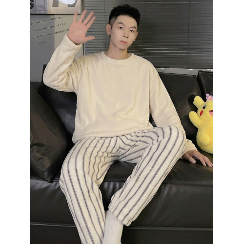 格子男士秋冬季珊瑚絨加絨保暖法蘭絨高級感可外穿純色家居服套裝 格子男士秋冬季珊瑚絨加絨保暖法蘭絨高級感可外穿純色家居服套裝