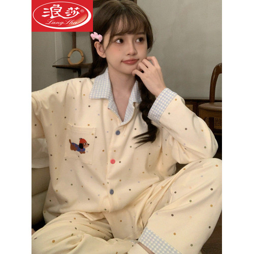 浪莎女士絕美睡衣春秋季純棉長袖可愛2026今年流行大碼可外穿