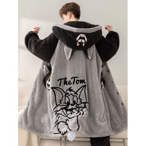 冬季睡袍男學生珊瑚絨加絨加厚法蘭絨青少年睡衣男中長款浴袍套裝