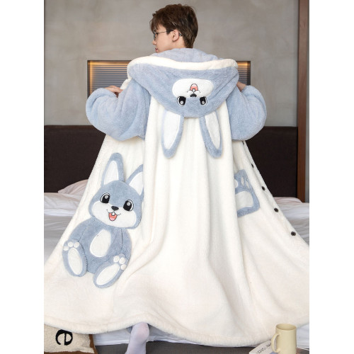 冬季睡袍男學生珊瑚絨加絨加厚法蘭絨青少年睡衣男中長款浴袍套裝