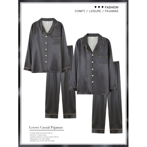 情侶睡衣女春秋款冰絲長袖薄款仿真絲綢家居服春夏季男士黑白套裝 情侶睡衣女春秋款冰絲長袖薄款仿真絲綢家居服春夏季男士黑白套裝