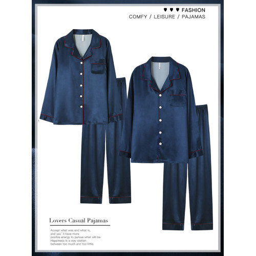 情侶睡衣女春秋款冰絲長袖薄款仿真絲綢家居服春夏季男士黑白套裝 情侶睡衣女春秋款冰絲長袖薄款仿真絲綢家居服春夏季男士黑白套裝