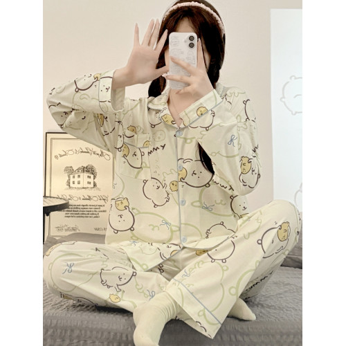 日系可愛卡通自嘲熊睡衣女春秋季純棉長袖長褲學生家居服套裝外穿