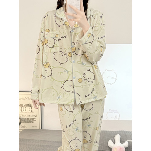 日系可愛卡通自嘲熊睡衣女春秋季純棉長袖長褲學生家居服套裝外穿