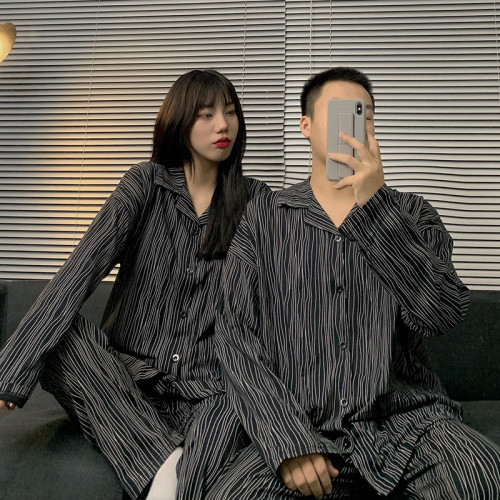 日系卡通情侶睡衣春秋季純棉長袖秋冬男女士ins網紅風家居服套裝