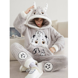 冬季法蘭絨睡衣男卡通加厚青少年男士連帽珊瑚絨加大碼家居服套裝