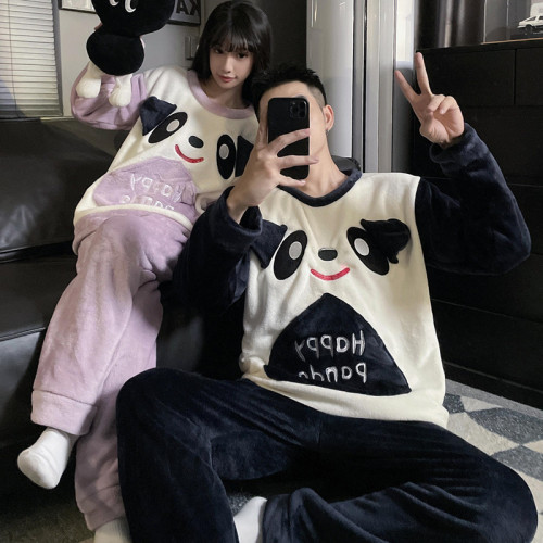 2025新款情侶睡衣女秋冬季珊瑚絨加絨加厚可愛卡通男士家居服套裝